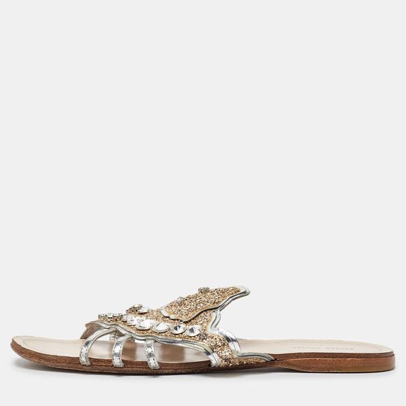 Miu Miu Silver Leather Crystal Embellished Flat Slides Size 37.5,New Products : American Fashion Style Bags On Sale